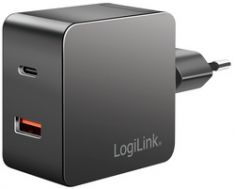 LogiLink USB-stopcontactadapter, 1x USB-A, 1x USB-C, 45 Watt, zwart